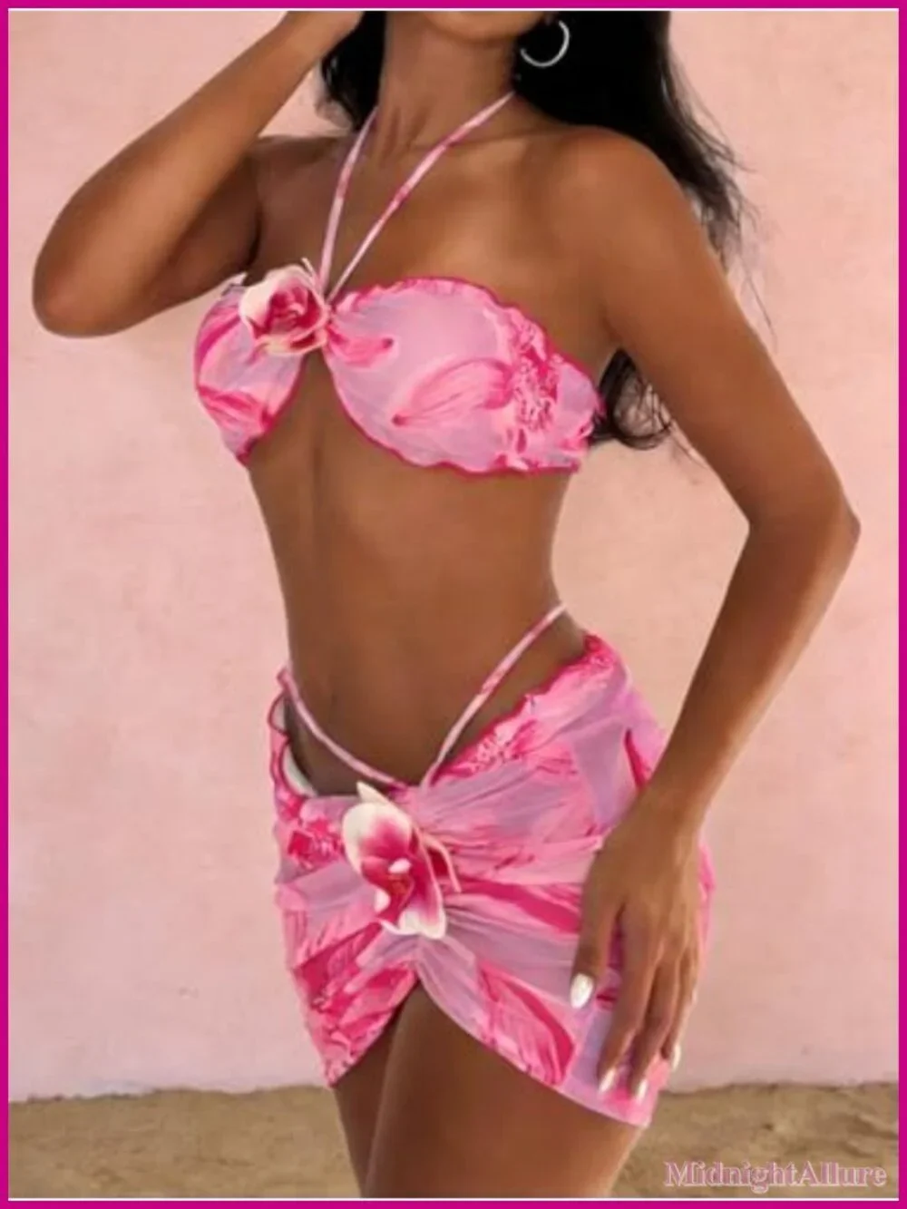 Tropical Floral Bikini Set with Adjustable Top, Tie-Side Skirt Cover Up,